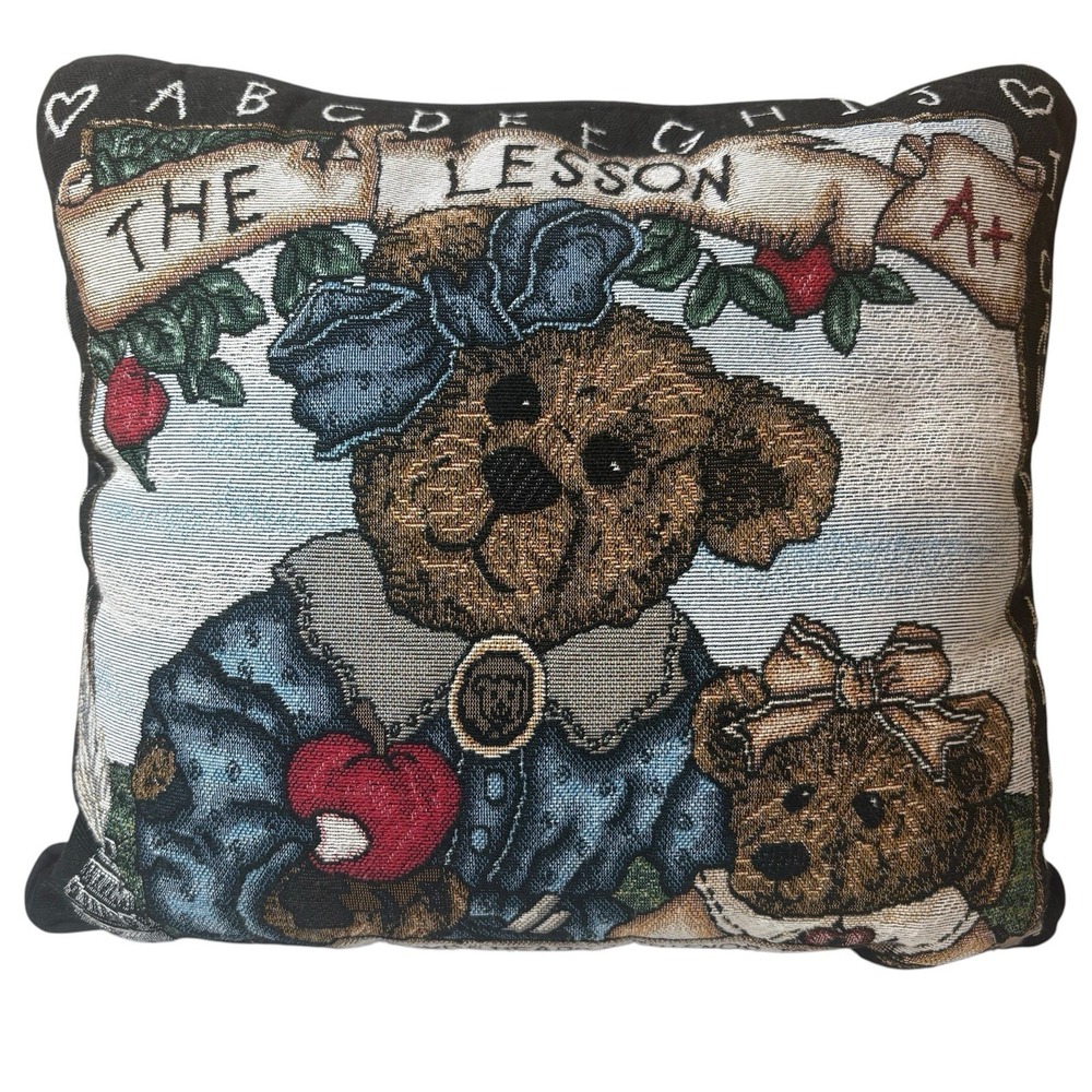 Boyds Bears Tapestry Pillow ~ The Lesson‎ ~ Teacher ~ 14"x14" ~ Black Backing